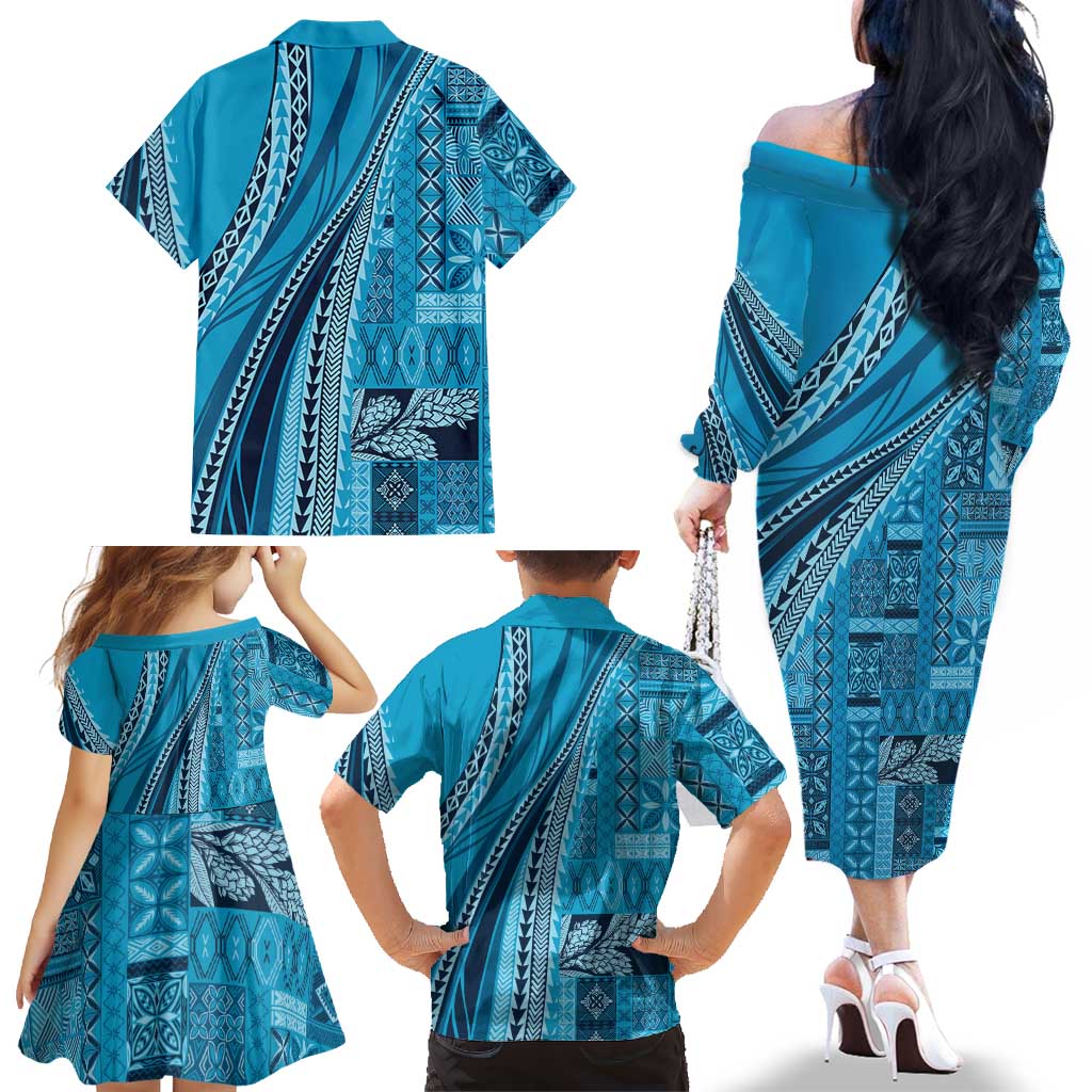 Pasifika Women's Day - Samoa Siapo Malu Tattoo Inspired Family Matching Off The Shoulder Long Sleeve Dress and Hawaiian Shirt Turquoise LT7 - Polynesian Pride