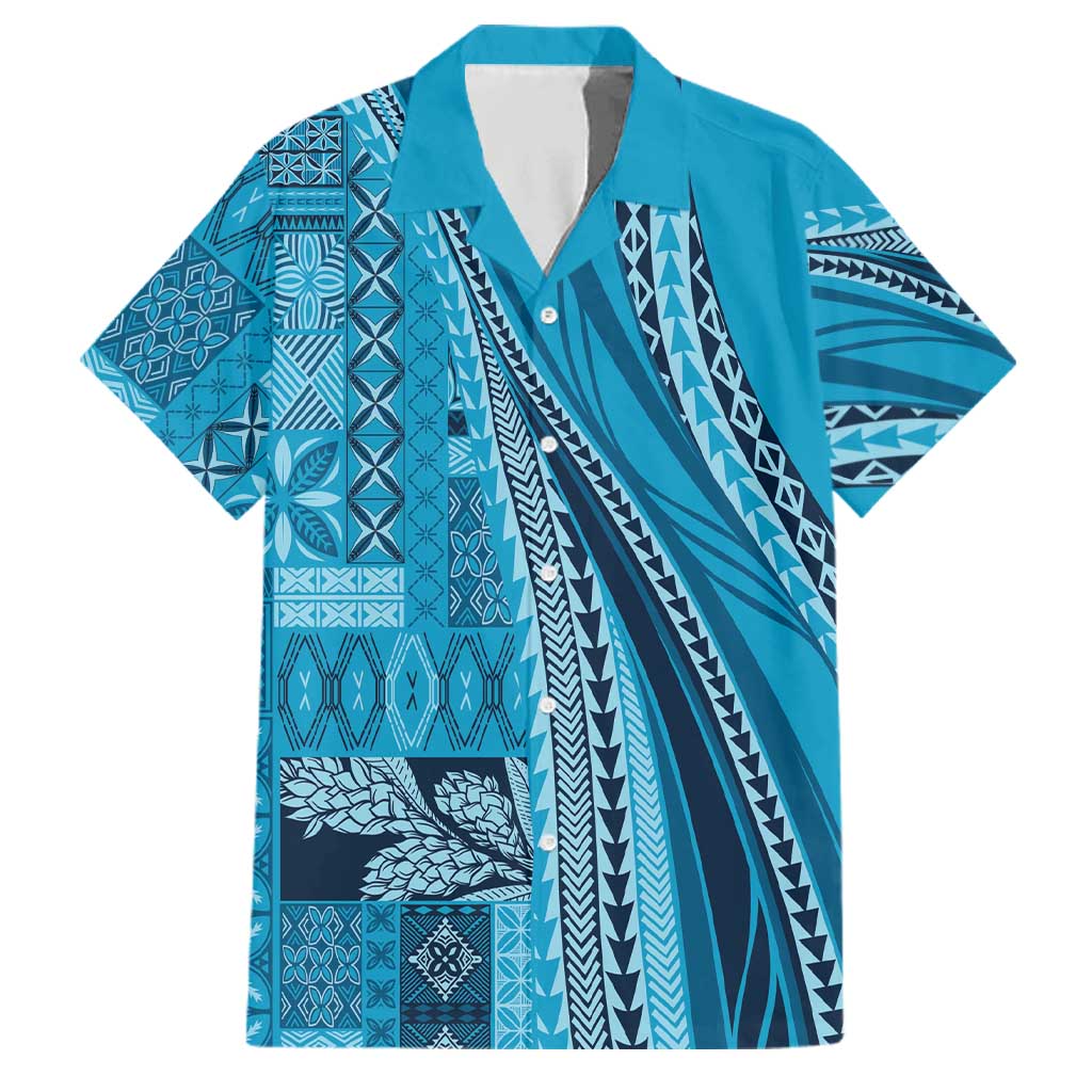 Pasifika Women's Day - Samoa Siapo Malu Tattoo Inspired Family Matching Off Shoulder Maxi Dress and Hawaiian Shirt Turquoise LT7 Dad's Shirt - Short Sleeve Turquoise - Polynesian Pride