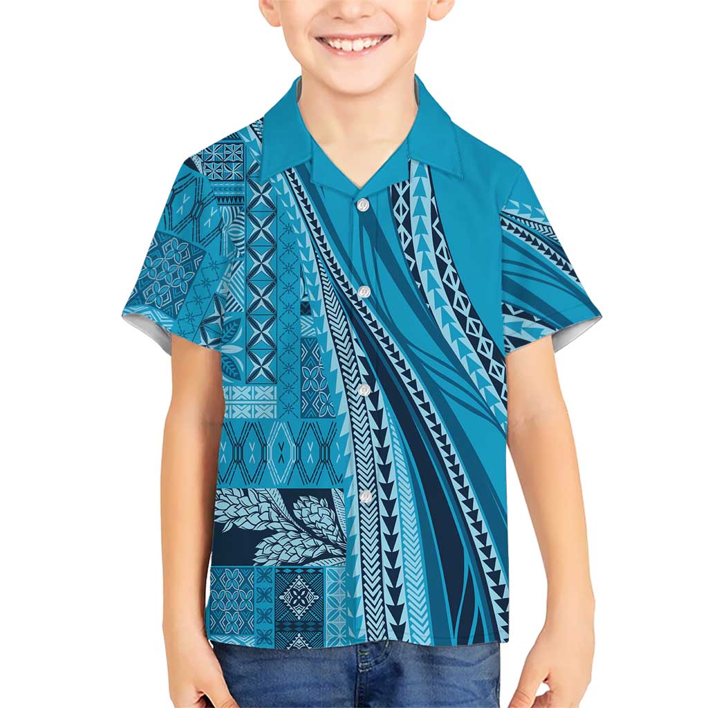 Pasifika Women's Day - Samoa Siapo Malu Tattoo Inspired Family Matching Off Shoulder Maxi Dress and Hawaiian Shirt Turquoise LT7 Son's Shirt Turquoise - Polynesian Pride