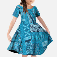 Pasifika Women's Day - Samoa Siapo Malu Tattoo Inspired Family Matching Off Shoulder Short Dress and Hawaiian Shirt Turquoise LT7 Daughter's Dress Turquoise - Polynesian Pride