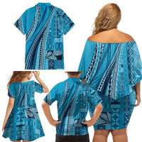 Pasifika Women's Day - Samoa Siapo Malu Tattoo Inspired Family Matching Off Shoulder Short Dress and Hawaiian Shirt Turquoise LT7 - Polynesian Pride
