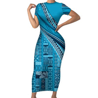 Pasifika Women's Day - Samoa Siapo Malu Tattoo Inspired Family Matching Short Sleeve Bodycon Dress and Hawaiian Shirt Turquoise LT7 Mom's Dress Turquoise - Polynesian Pride