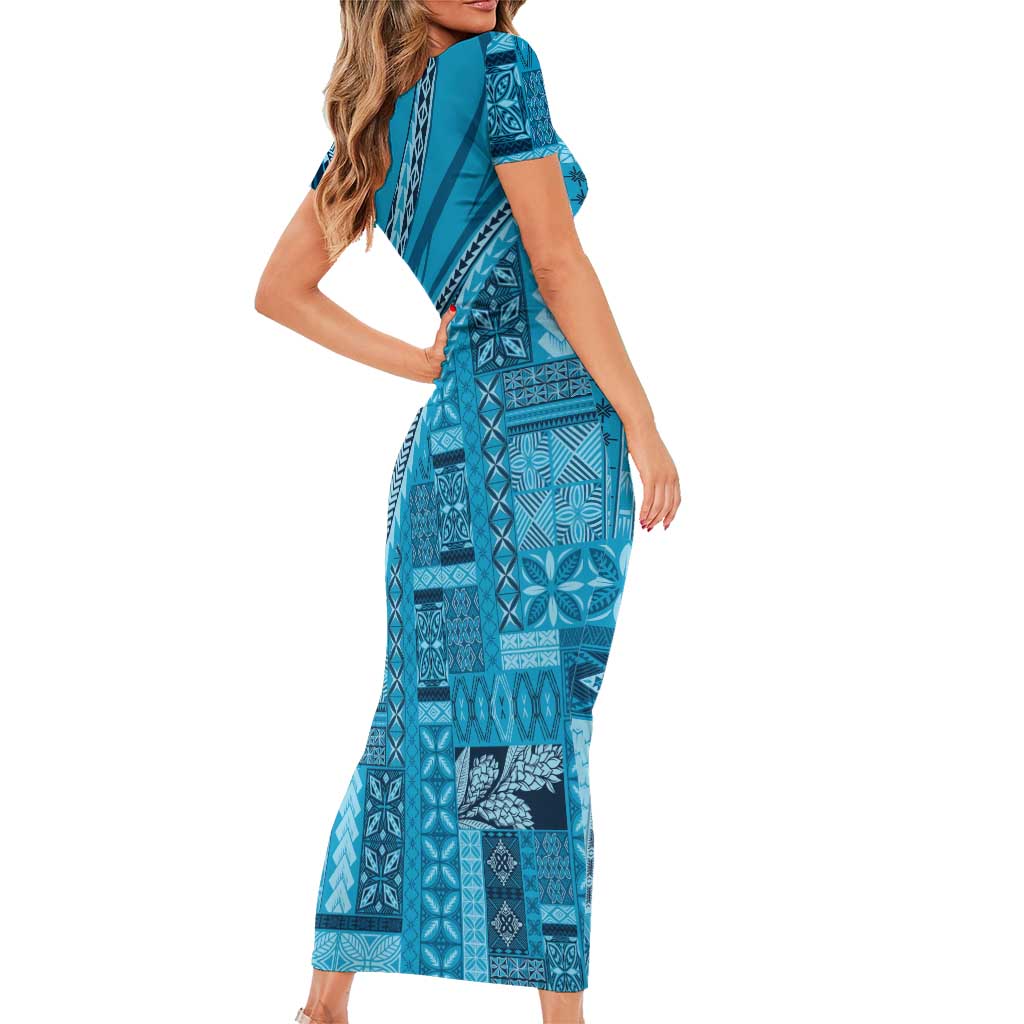 Pasifika Women's Day - Samoa Siapo Malu Tattoo Inspired Family Matching Short Sleeve Bodycon Dress and Hawaiian Shirt Turquoise LT7 - Polynesian Pride
