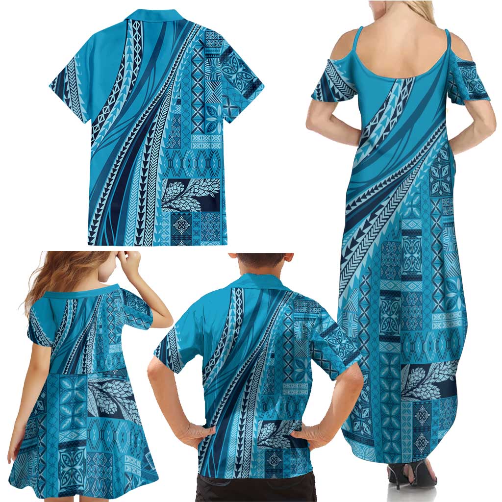 Pasifika Women's Day - Samoa Siapo Malu Tattoo Inspired Family Matching Summer Maxi Dress and Hawaiian Shirt Turquoise LT7 - Polynesian Pride