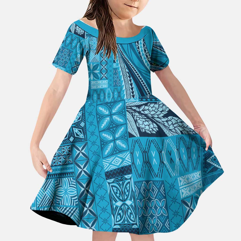 Pasifika Women's Day - Samoa Siapo Malu Tattoo Inspired Family Matching Tank Maxi Dress and Hawaiian Shirt Turquoise LT7 Daughter's Dress Turquoise - Polynesian Pride