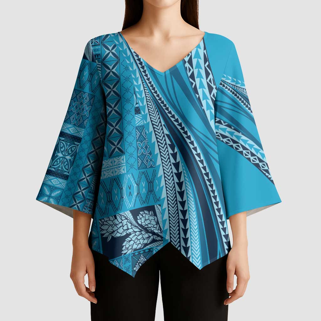 Pasifika Women's Day - Samoa Siapo Malu Tattoo Inspired Kimono Sleeve Blouse Turquoise