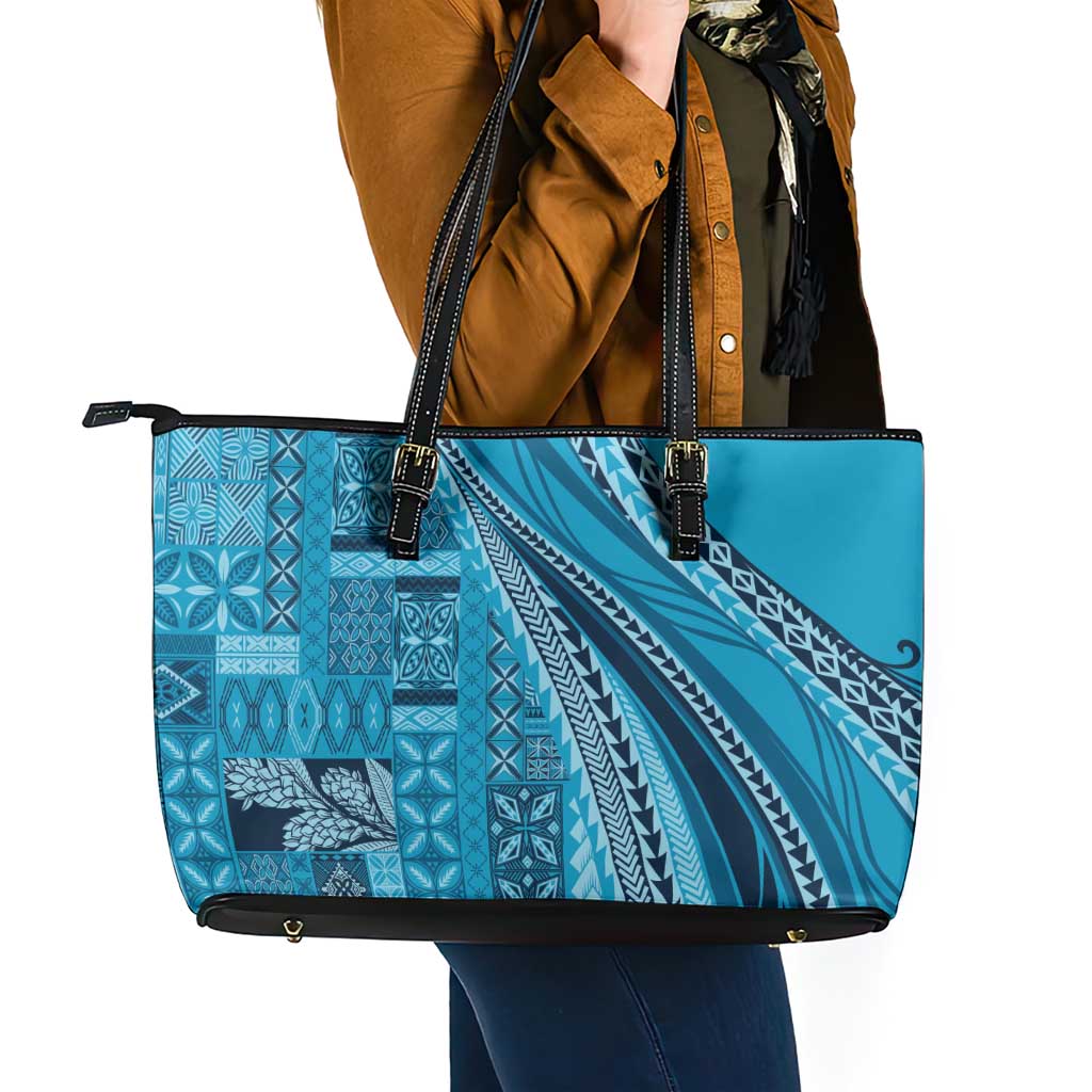 Pasifika Women's Day - Samoa Siapo Malu Tattoo Inspired Leather Tote Bag Turquoise