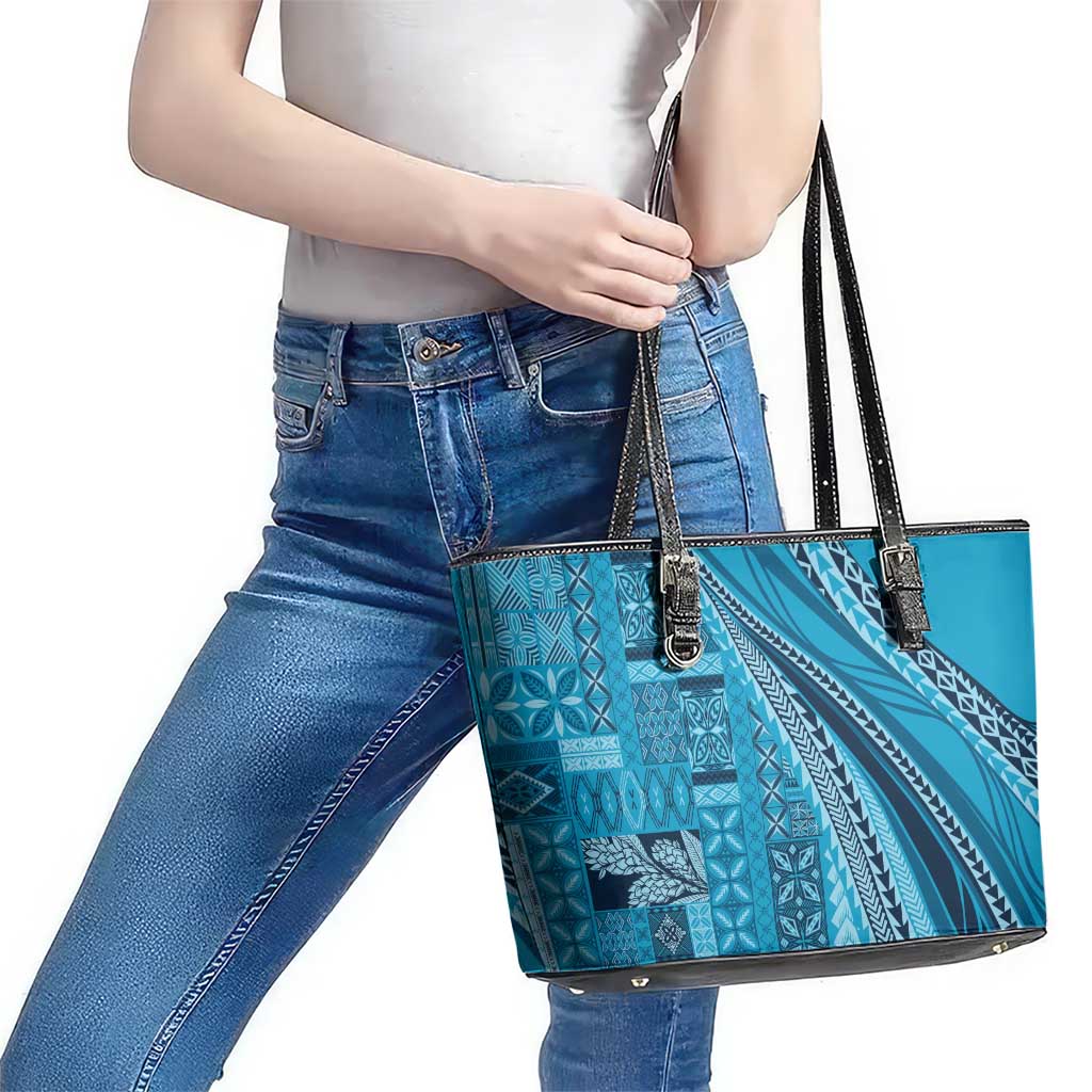 Pasifika Women's Day - Samoa Siapo Malu Tattoo Inspired Leather Tote Bag Turquoise