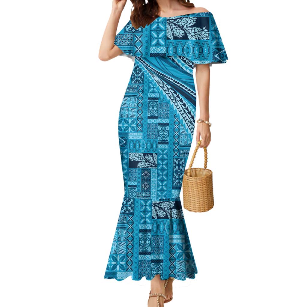 Pasifika Women's Day - Samoa Siapo Malu Tattoo Inspired Mermaid Dress Turquoise