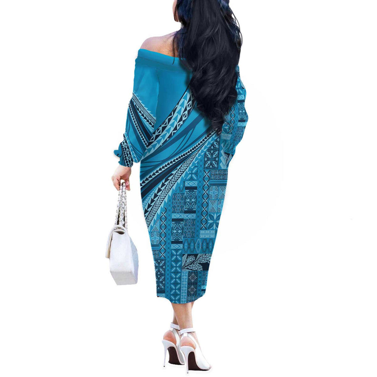 Pasifika Women's Day - Samoa Siapo Malu Tattoo Inspired Off The Shoulder Long Sleeve Dress Turquoise