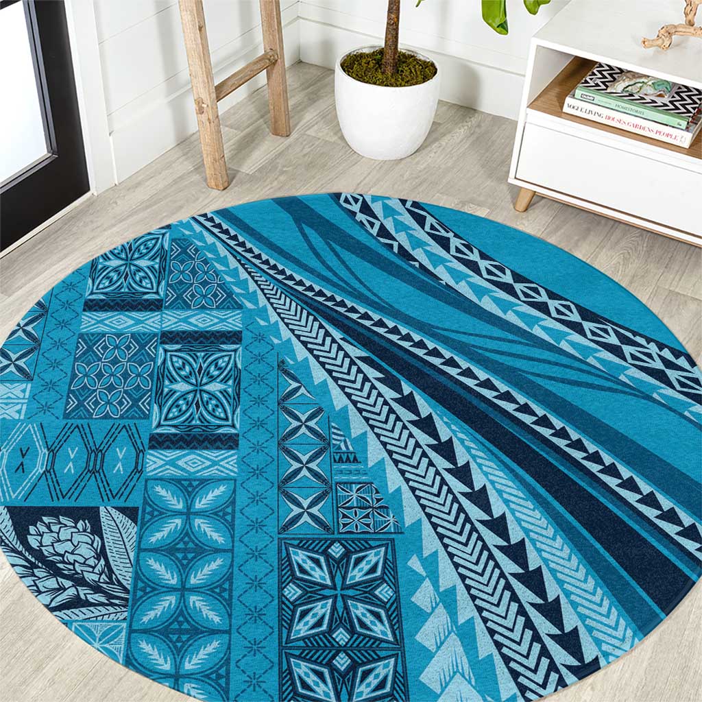 Pasifika Women's Day - Samoa Siapo Malu Tattoo Inspired Round Carpet Turquoise
