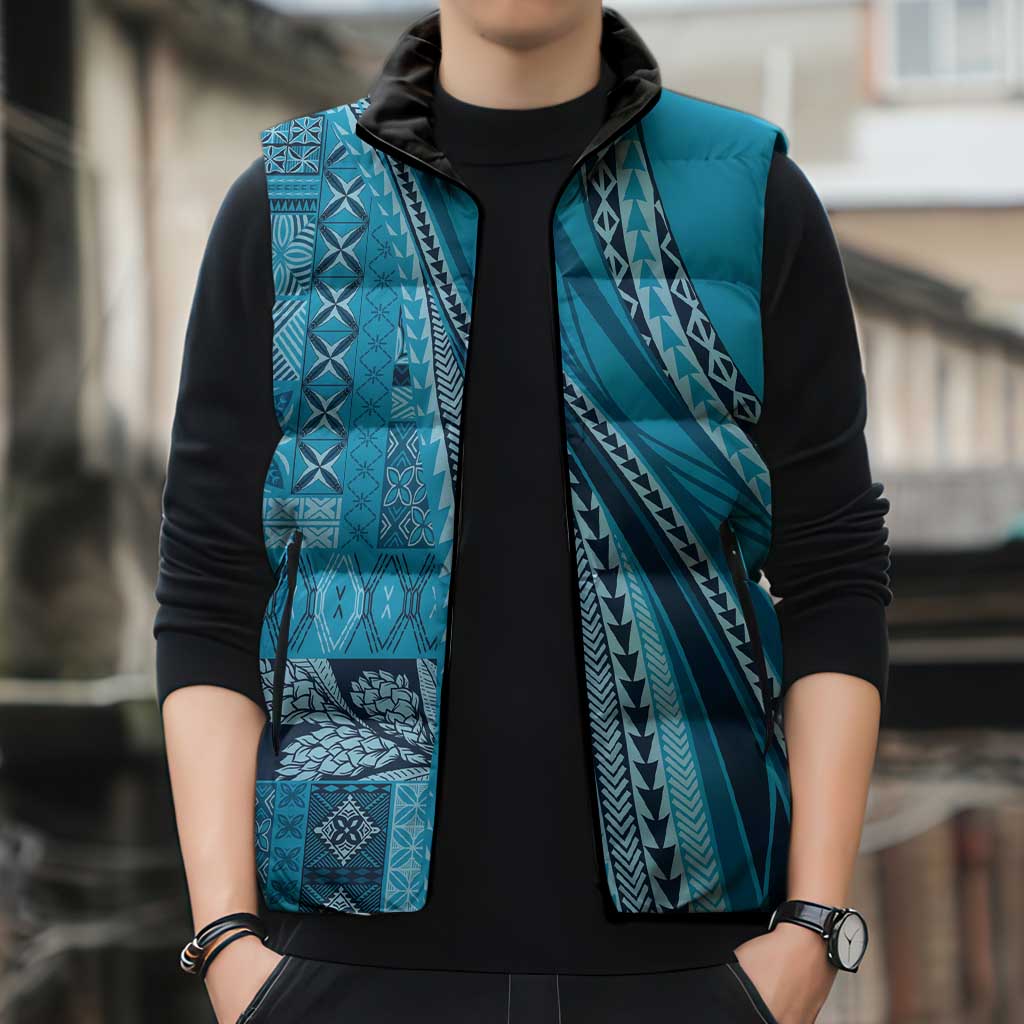 Pasifika Women's Day - Samoa Siapo Malu Tattoo Inspired Sleeveless Puffer Jacket Turquoise