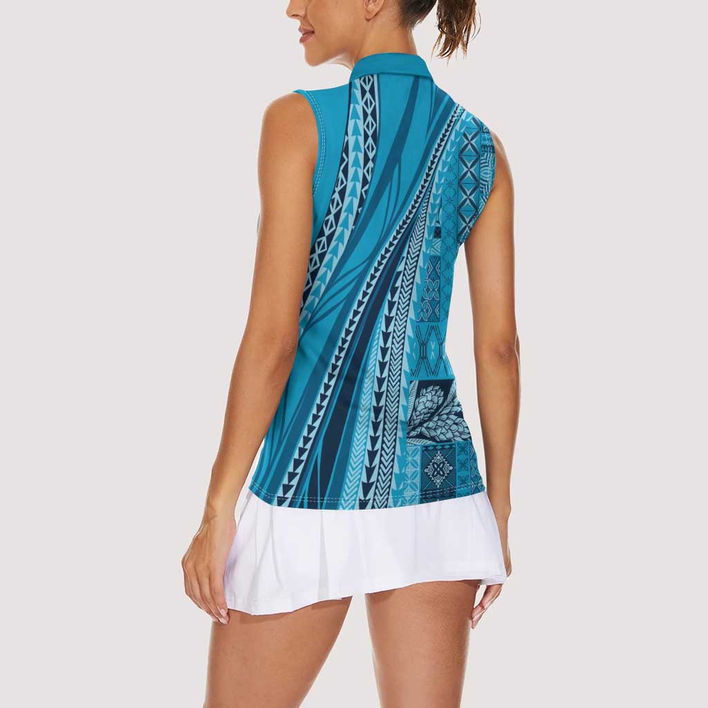Pasifika Women's Day - Samoa Siapo Malu Tattoo Inspired Women Sleeveless Polo Shirt Turquoise