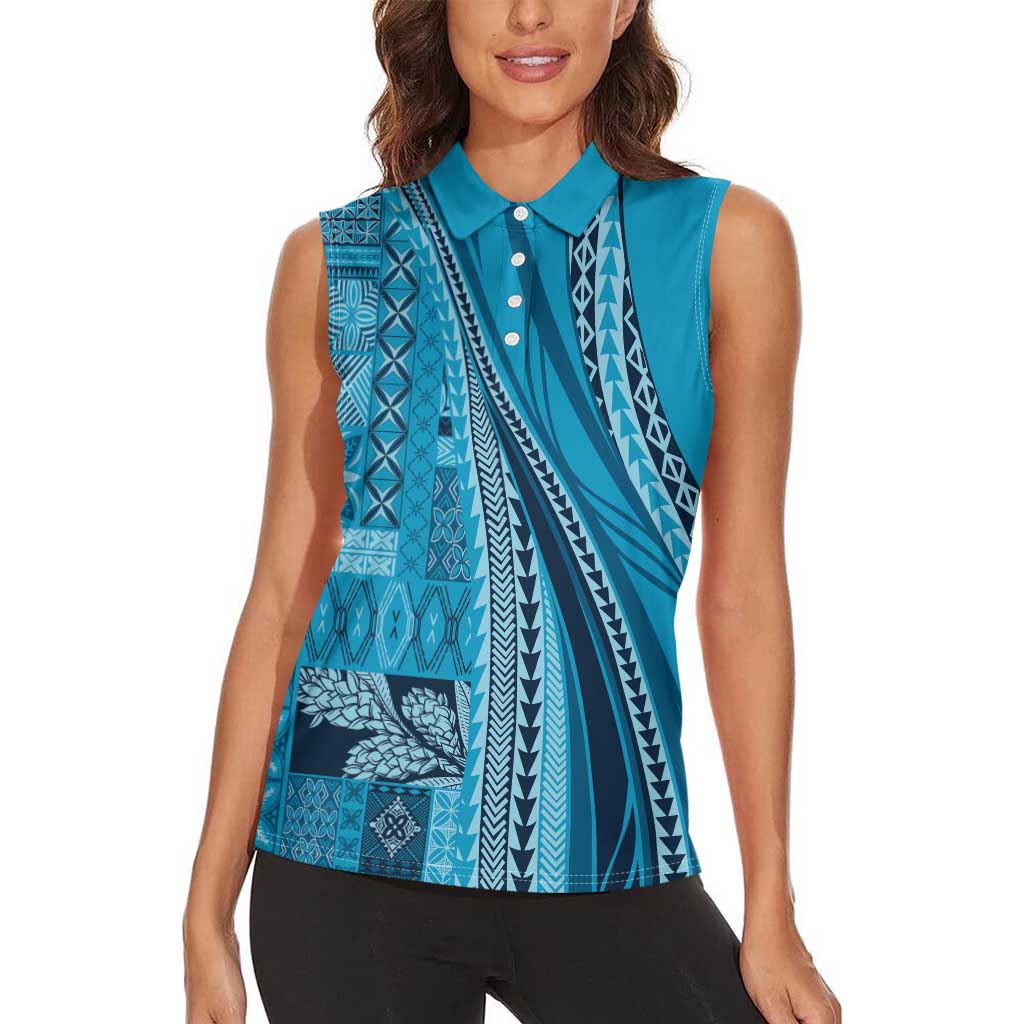 Pasifika Women's Day - Samoa Siapo Malu Tattoo Inspired Women Sleeveless Polo Shirt Turquoise