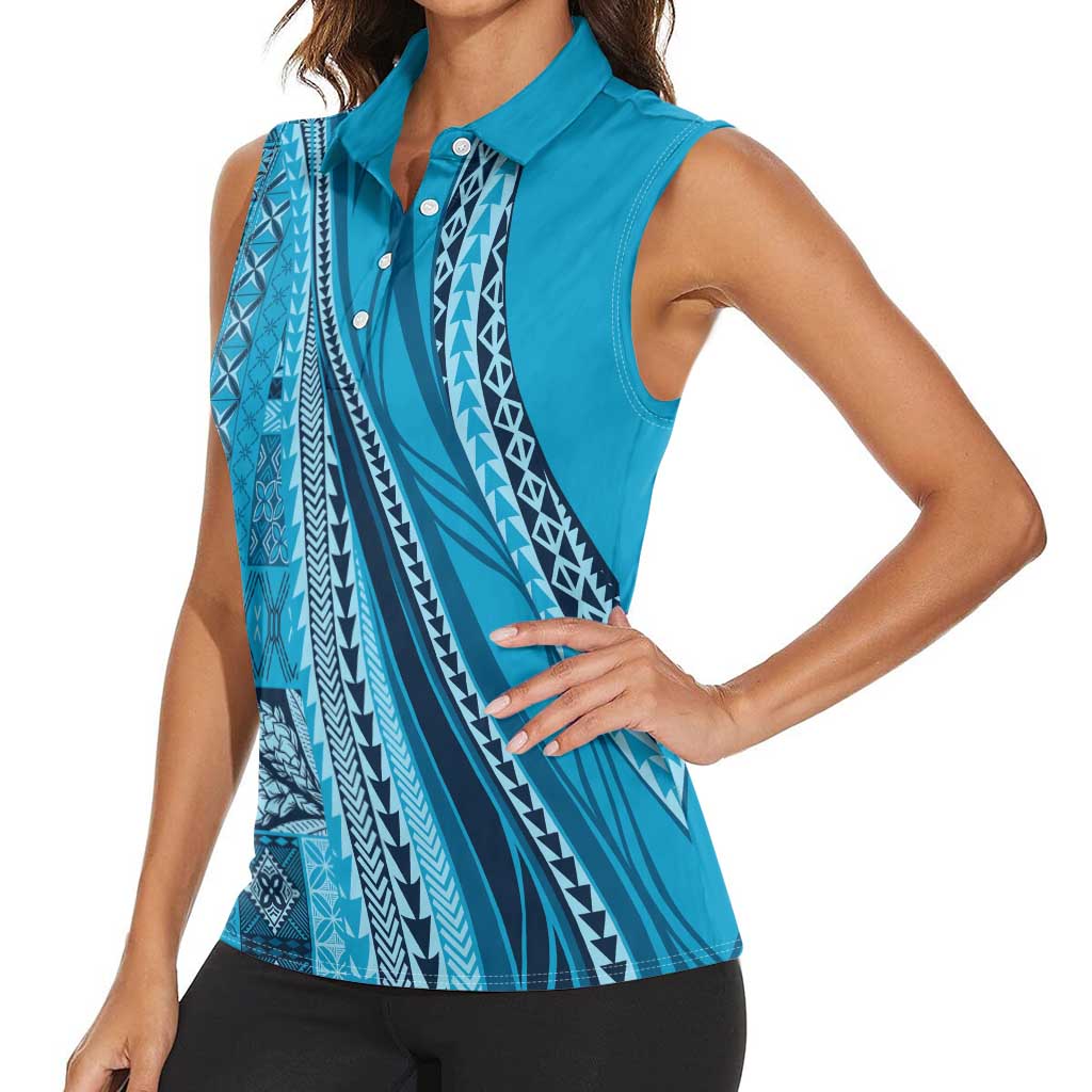 Pasifika Women's Day - Samoa Siapo Malu Tattoo Inspired Women Sleeveless Polo Shirt Turquoise