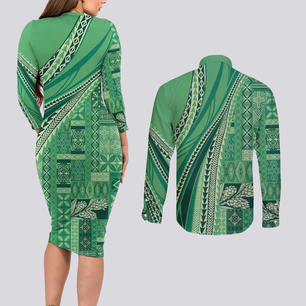 Pasifika Women's Day - Samoa Siapo Malu Tattoo Inspired Couples Matching Long Sleeve Bodycon Dress and Long Sleeve Button Shirt Jade