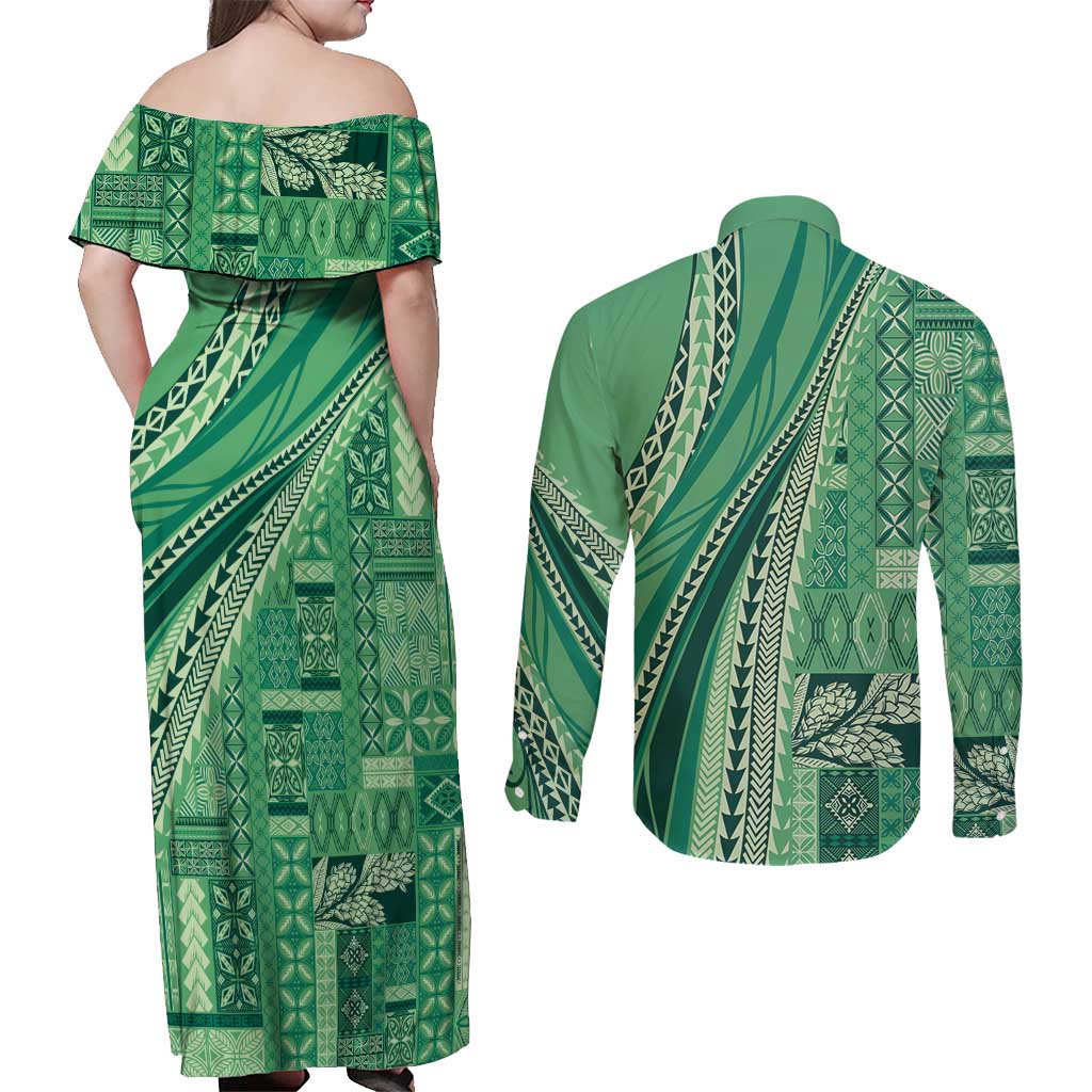 Pasifika Women's Day - Samoa Siapo Malu Tattoo Inspired Couples Matching Off Shoulder Maxi Dress and Long Sleeve Button Shirt Jade
