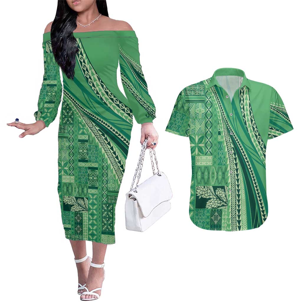 Pasifika Women's Day - Samoa Siapo Malu Tattoo Inspired Couples Matching Off The Shoulder Long Sleeve Dress and Hawaiian Shirt Jade LT7 Jade - Polynesian Pride