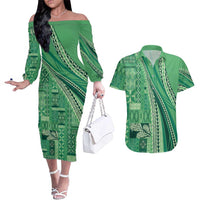 Pasifika Women's Day - Samoa Siapo Malu Tattoo Inspired Couples Matching Off The Shoulder Long Sleeve Dress and Hawaiian Shirt Jade LT7 Jade - Polynesian Pride