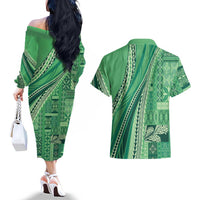 Pasifika Women's Day - Samoa Siapo Malu Tattoo Inspired Couples Matching Off The Shoulder Long Sleeve Dress and Hawaiian Shirt Jade LT7 - Polynesian Pride
