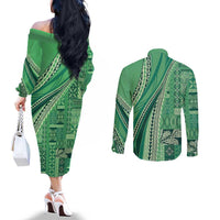 Pasifika Women's Day - Samoa Siapo Malu Tattoo Inspired Couples Matching Off The Shoulder Long Sleeve Dress and Long Sleeve Button Shirt Jade
