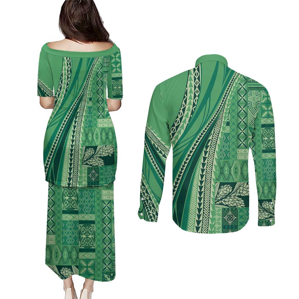 Pasifika Women's Day - Samoa Siapo Malu Tattoo Inspired Couples Matching Puletasi and Long Sleeve Button Shirt Jade