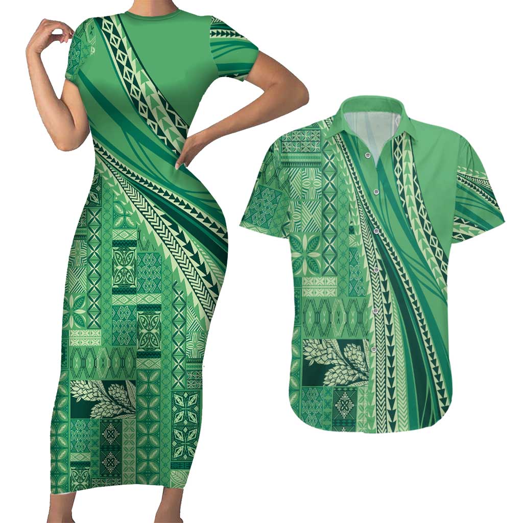 Pasifika Women's Day - Samoa Siapo Malu Tattoo Inspired Couples Matching Short Sleeve Bodycon Dress and Hawaiian Shirt Jade