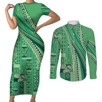 Pasifika Women's Day - Samoa Siapo Malu Tattoo Inspired Couples Matching Short Sleeve Bodycon Dress and Long Sleeve Button Shirt Jade