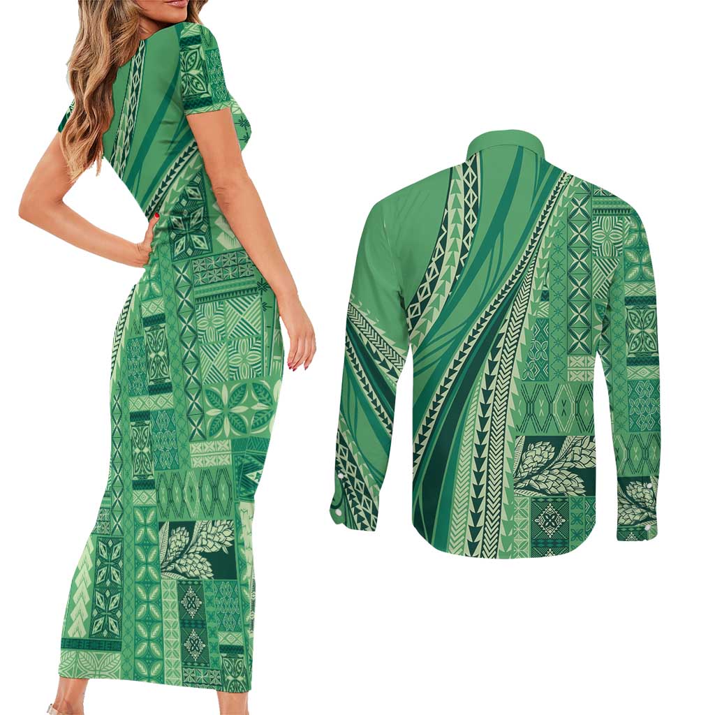 Pasifika Women's Day - Samoa Siapo Malu Tattoo Inspired Couples Matching Short Sleeve Bodycon Dress and Long Sleeve Button Shirt Jade