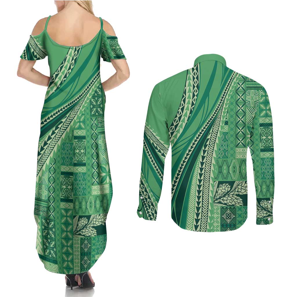 Pasifika Women's Day - Samoa Siapo Malu Tattoo Inspired Couples Matching Summer Maxi Dress and Long Sleeve Button Shirt Jade