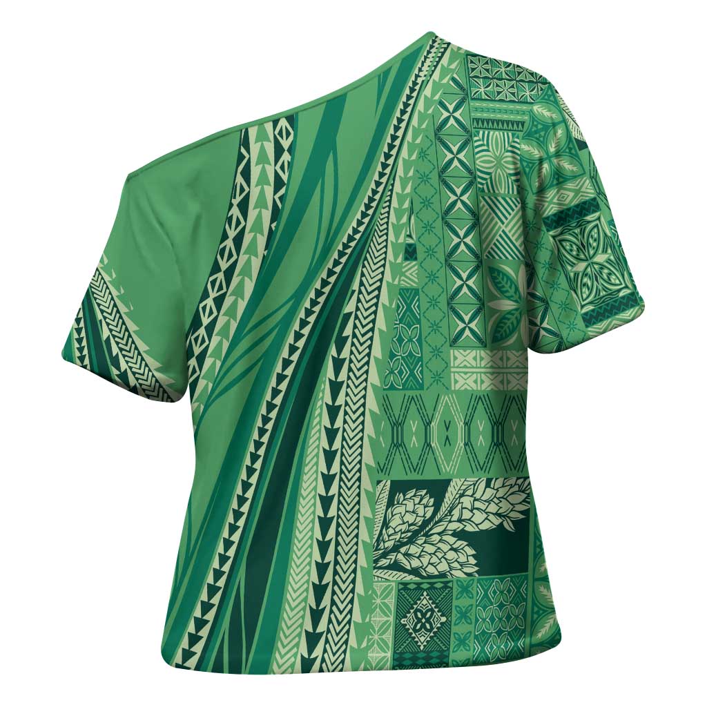 Pasifika Women's Day - Samoa Siapo Malu Tattoo Inspired Cross Shoulder Shirt Jade