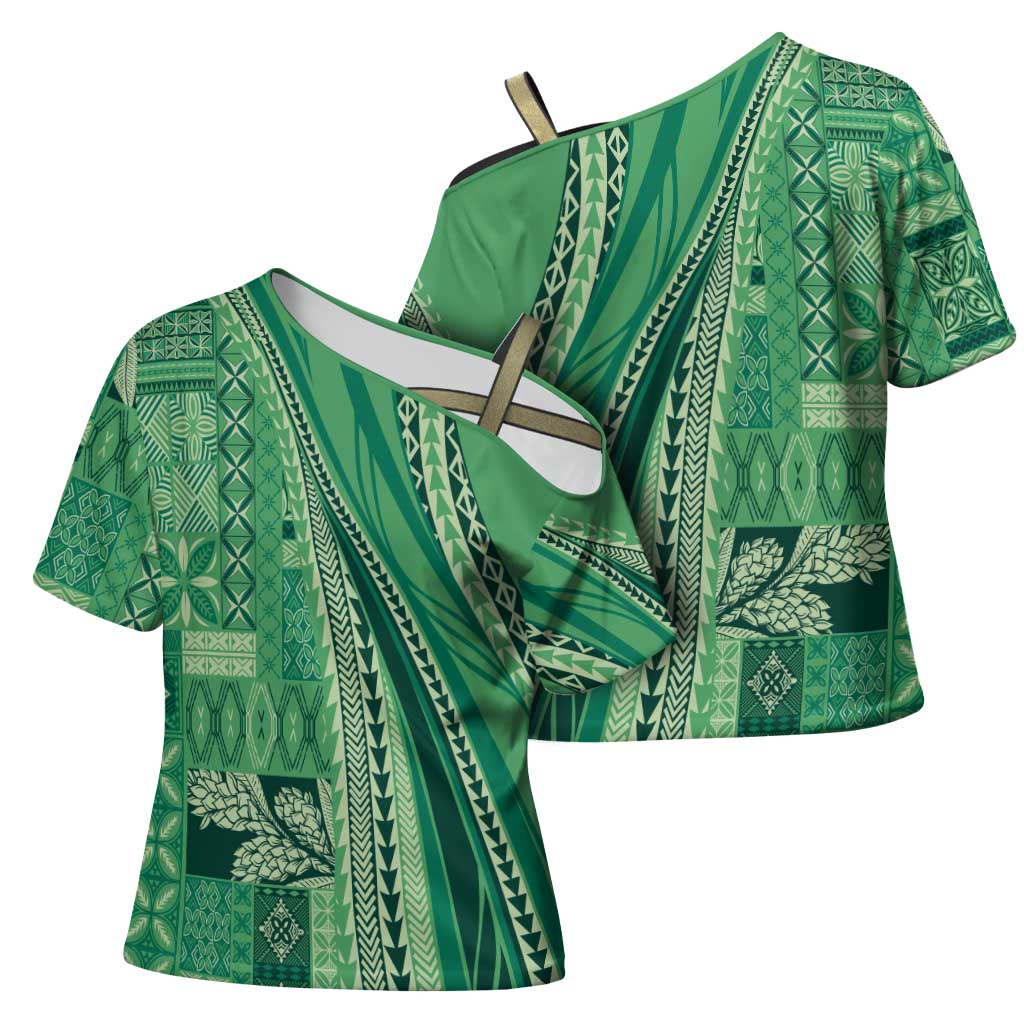 Pasifika Women's Day - Samoa Siapo Malu Tattoo Inspired Cross Shoulder Shirt Jade