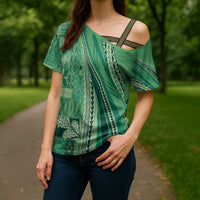 Pasifika Women's Day - Samoa Siapo Malu Tattoo Inspired Cross Shoulder Shirt Jade