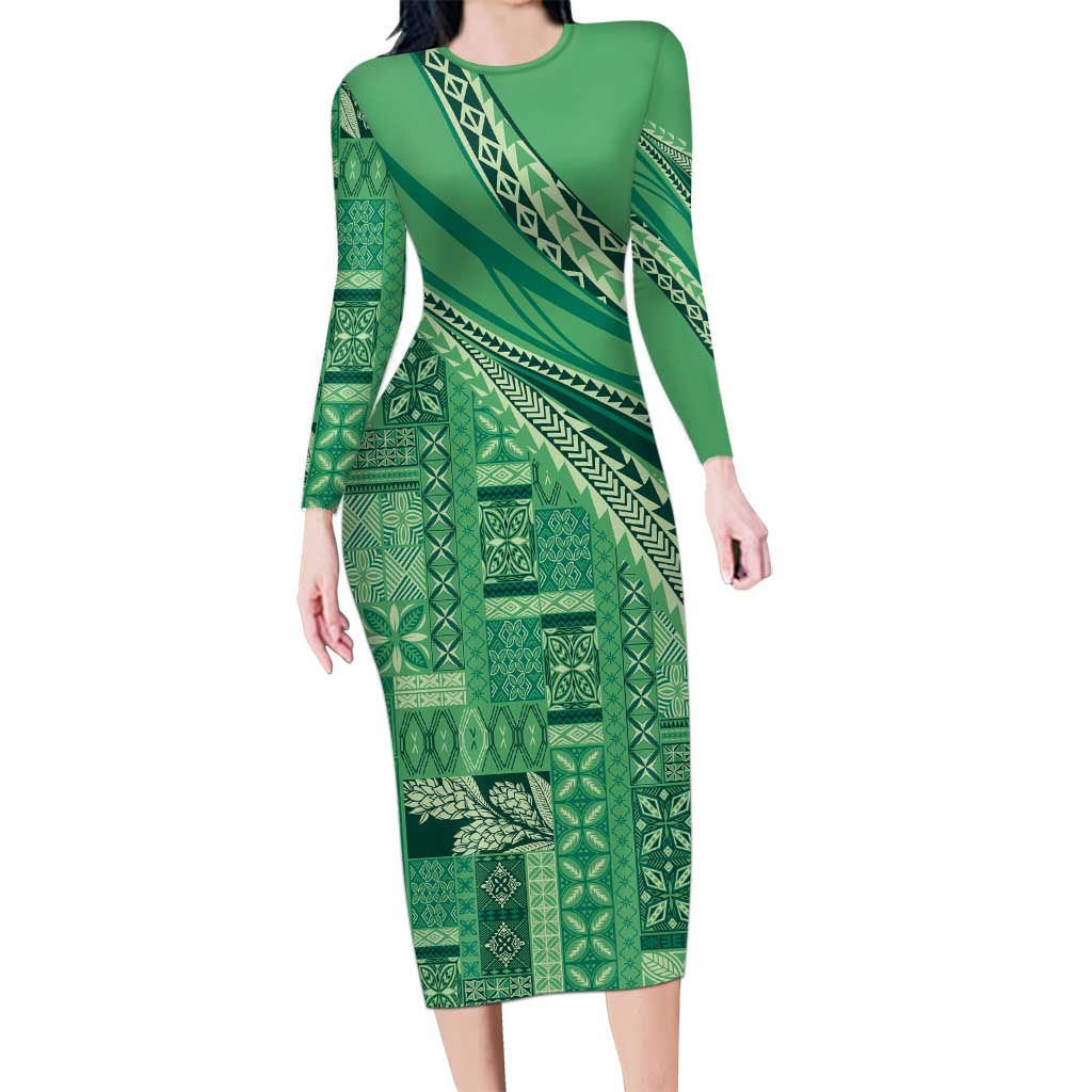 Pasifika Women's Day - Samoa Siapo Malu Tattoo Inspired Family Matching Long Sleeve Bodycon Dress and Hawaiian Shirt Jade LT7 Mom's Dress Jade - Polynesian Pride