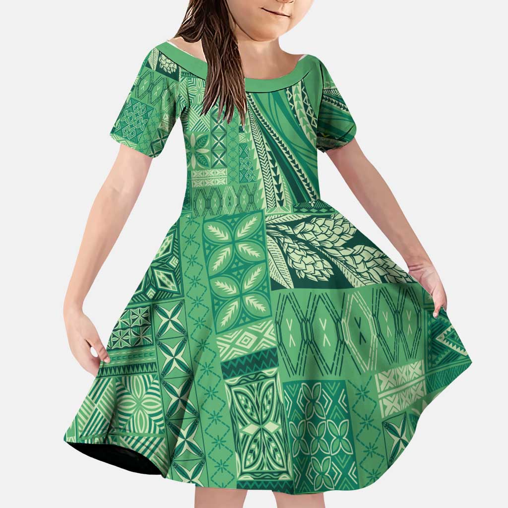 Pasifika Women's Day - Samoa Siapo Malu Tattoo Inspired Family Matching Mermaid Dress and Hawaiian Shirt Jade LT7 Daughter's Dress Jade - Polynesian Pride