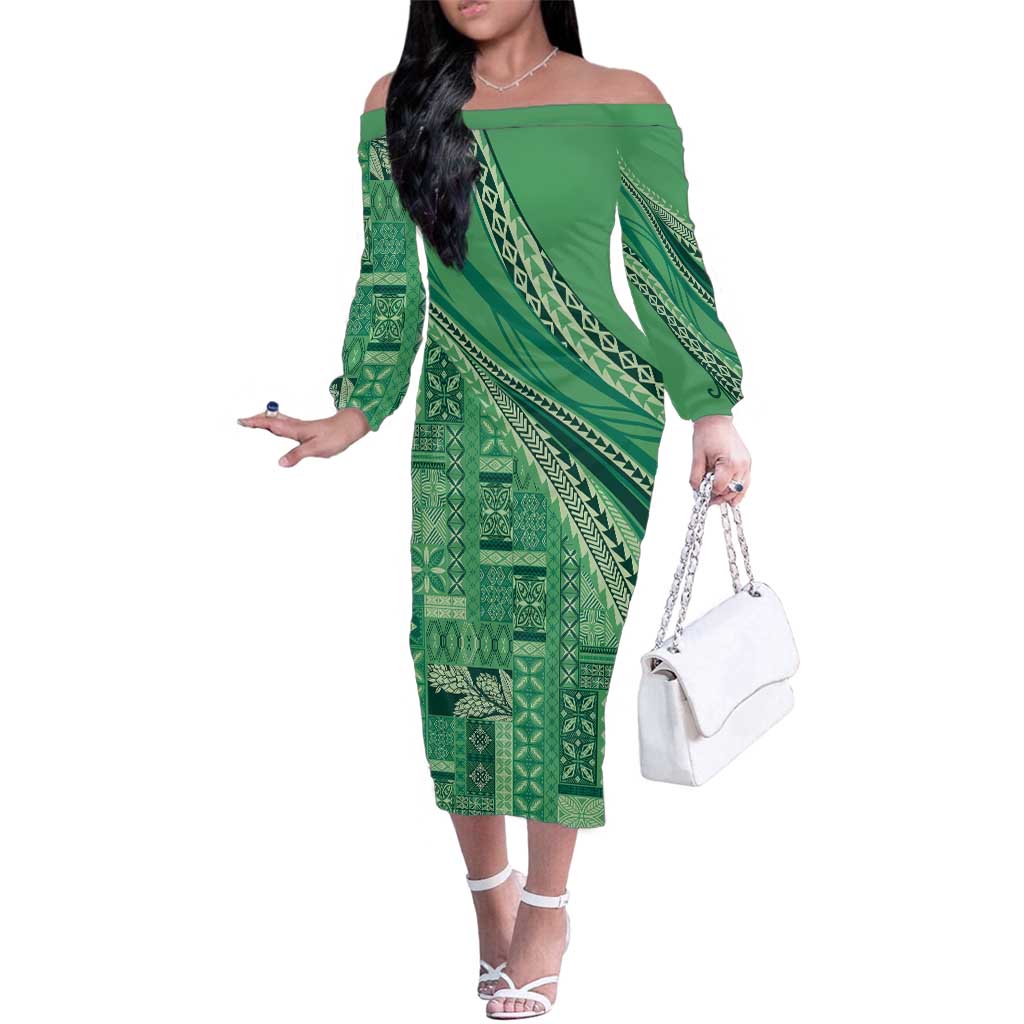 Pasifika Women's Day - Samoa Siapo Malu Tattoo Inspired Family Matching Off The Shoulder Long Sleeve Dress and Hawaiian Shirt Jade LT7 Mom's Dress Jade - Polynesian Pride