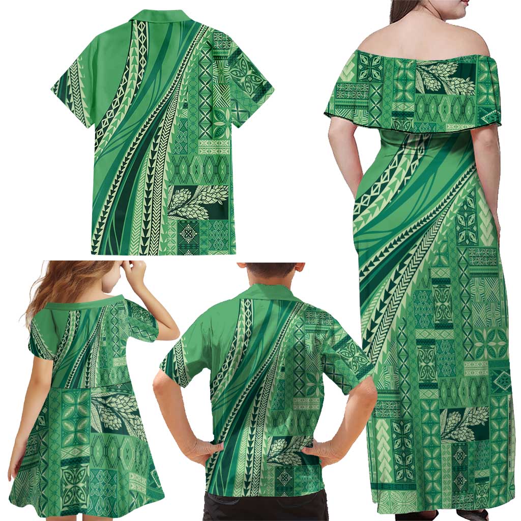Pasifika Women's Day - Samoa Siapo Malu Tattoo Inspired Family Matching Off Shoulder Maxi Dress and Hawaiian Shirt Jade LT7 - Polynesian Pride