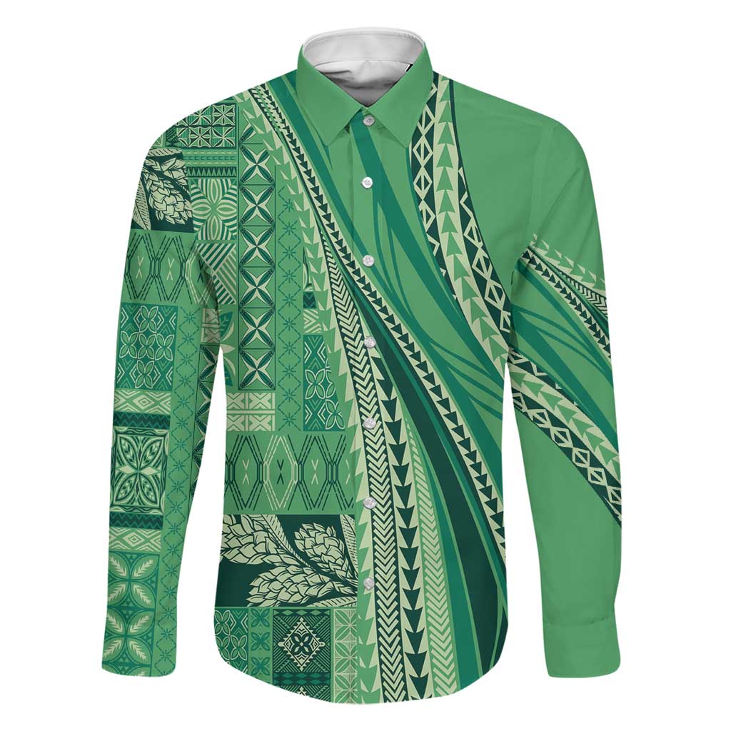 Pasifika Women's Day - Samoa Siapo Malu Tattoo Inspired Family Matching Off Shoulder Maxi Dress and Hawaiian Shirt Jade LT7 Dad's Shirt - Long Sleeve Jade - Polynesian Pride