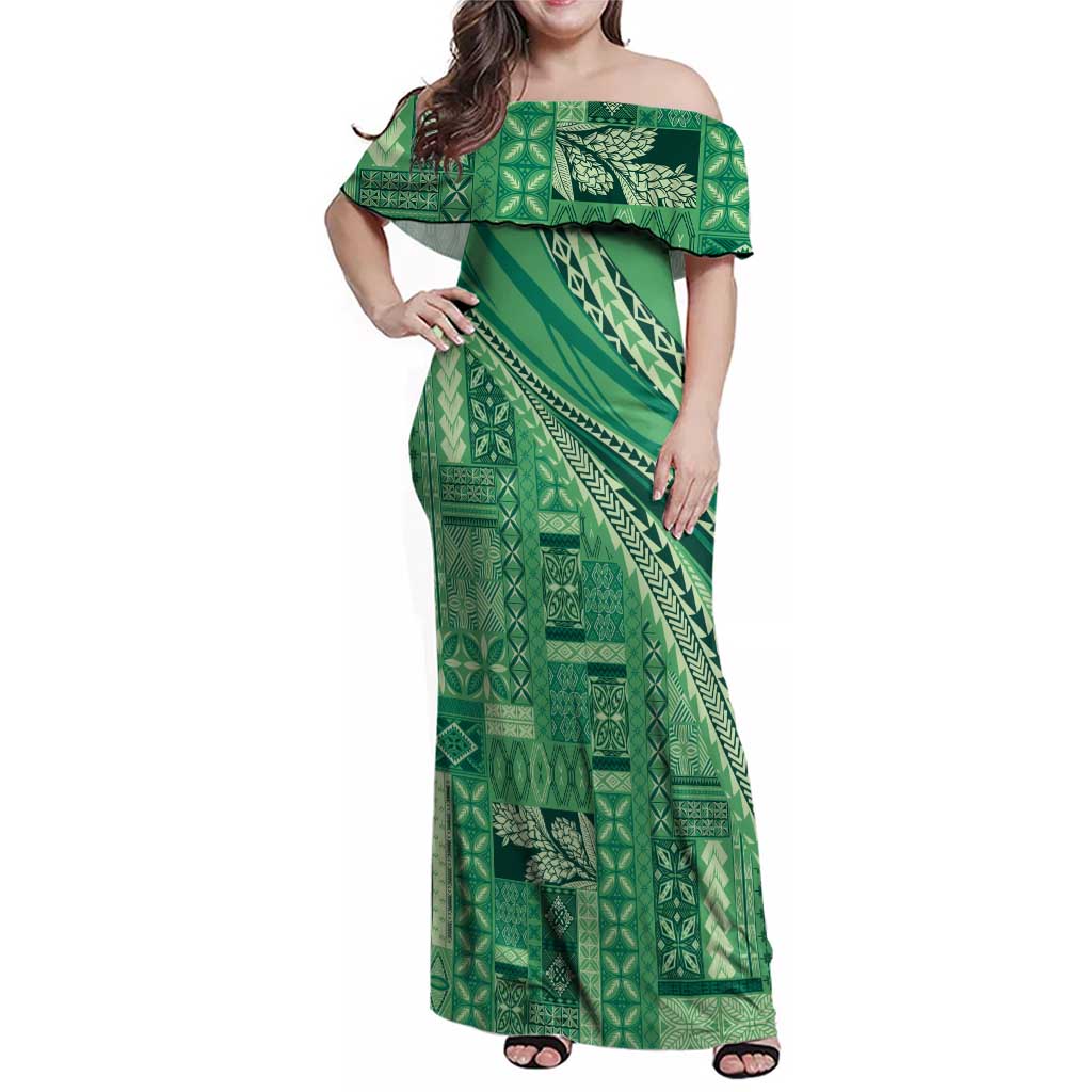 Pasifika Women's Day - Samoa Siapo Malu Tattoo Inspired Family Matching Off Shoulder Maxi Dress and Hawaiian Shirt Jade LT7 Mom's Dress Jade - Polynesian Pride