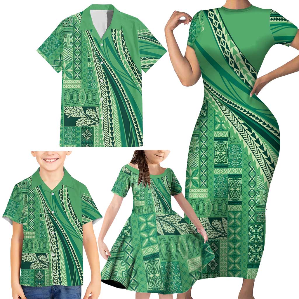 Pasifika Women's Day - Samoa Siapo Malu Tattoo Inspired Family Matching Short Sleeve Bodycon Dress and Hawaiian Shirt Jade LT7 - Polynesian Pride