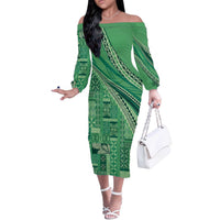 Pasifika Women's Day - Samoa Siapo Malu Tattoo Inspired Off The Shoulder Long Sleeve Dress Jade