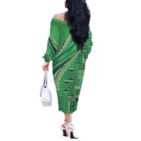 Pasifika Women's Day - Samoa Siapo Malu Tattoo Inspired Off The Shoulder Long Sleeve Dress Jade