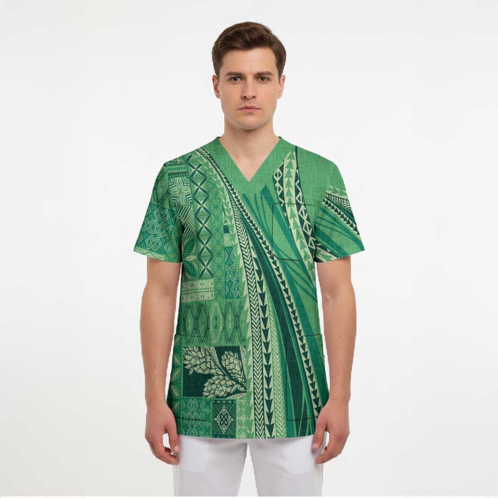 Pasifika Women's Day - Samoa Siapo Malu Tattoo Inspired Scrub Top Jade