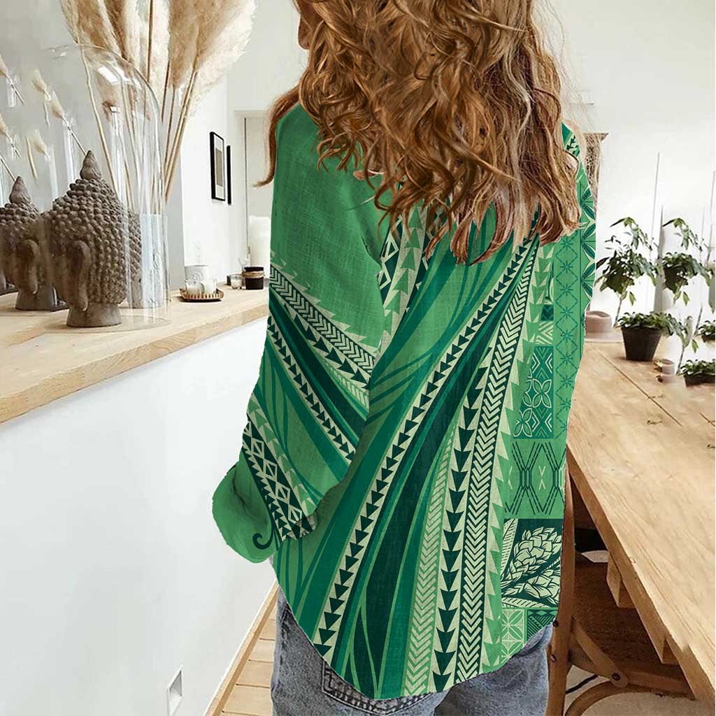 Pasifika Women's Day - Samoa Siapo Malu Tattoo Inspired Women Casual Shirt Jade