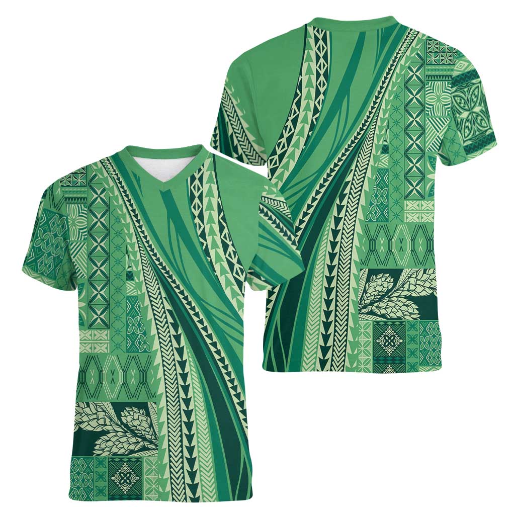 Pasifika Women's Day - Samoa Siapo Malu Tattoo Inspired Women V-Neck T-Shirt Jade