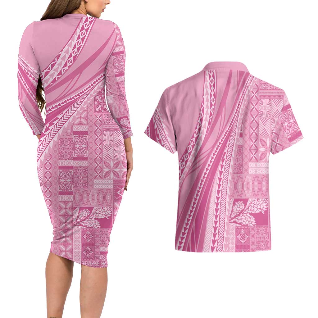 Pasifika Women's Day - Samoa Siapo Malu Tattoo Inspired Couples Matching Long Sleeve Bodycon Dress and Hawaiian Shirt Pink LT7 - Polynesian Pride