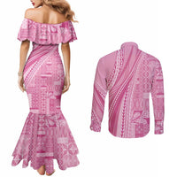 Pasifika Women's Day - Samoa Siapo Malu Tattoo Inspired Couples Matching Mermaid Dress and Long Sleeve Button Shirt Pink