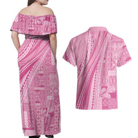 Pasifika Women's Day - Samoa Siapo Malu Tattoo Inspired Couples Matching Off Shoulder Maxi Dress and Hawaiian Shirt Pink