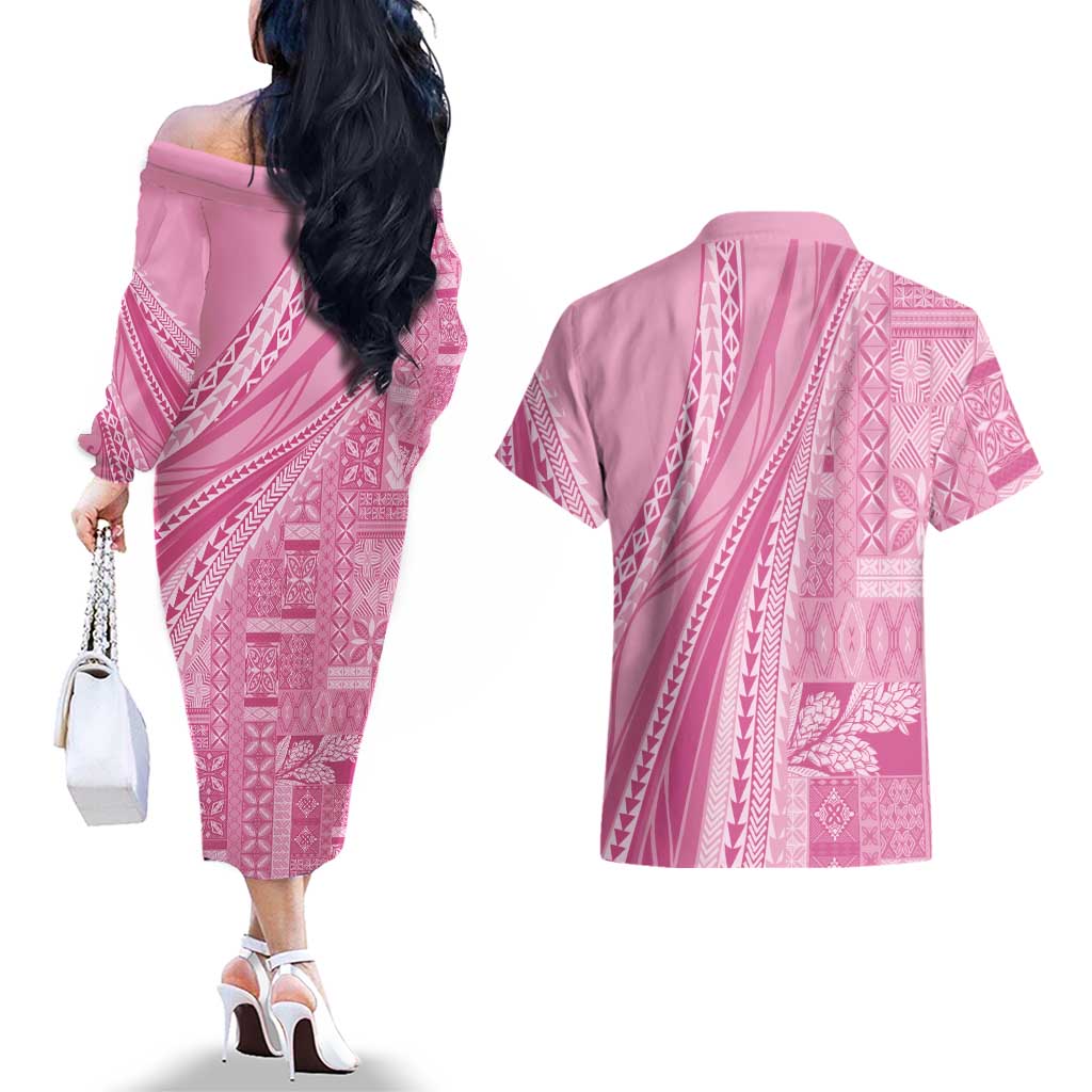 Pasifika Women's Day - Samoa Siapo Malu Tattoo Inspired Couples Matching Off The Shoulder Long Sleeve Dress and Hawaiian Shirt Pink
