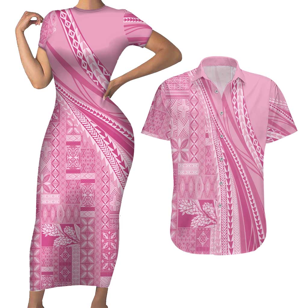 Pasifika Women's Day - Samoa Siapo Malu Tattoo Inspired Couples Matching Short Sleeve Bodycon Dress and Hawaiian Shirt Pink